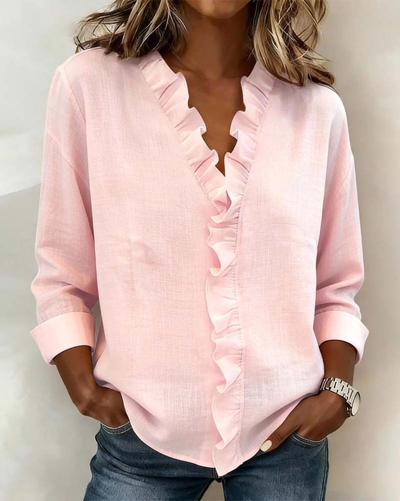 Soren | Womens Blouse Long Sleeve Ruffle V-Neck Relaxed Fit Soft Pink 0