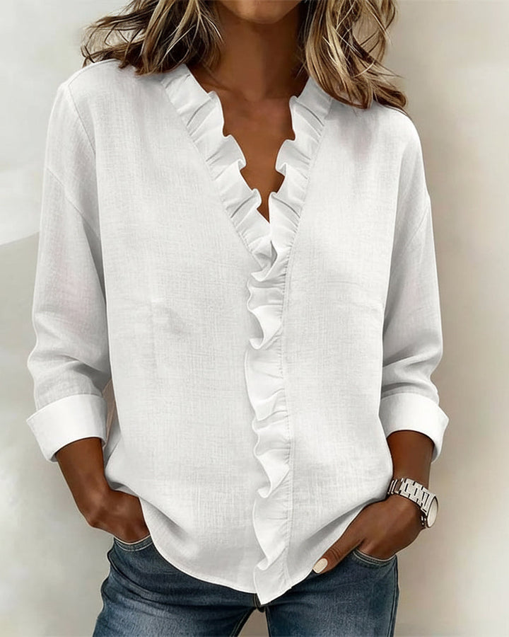 Soren | Womens Blouse Long Sleeve Ruffle V-Neck Relaxed Fit Soft Pink 1