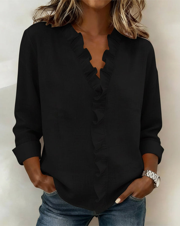 Soren | Womens Blouse Long Sleeve Ruffle V-Neck Relaxed Fit Soft Pink 2