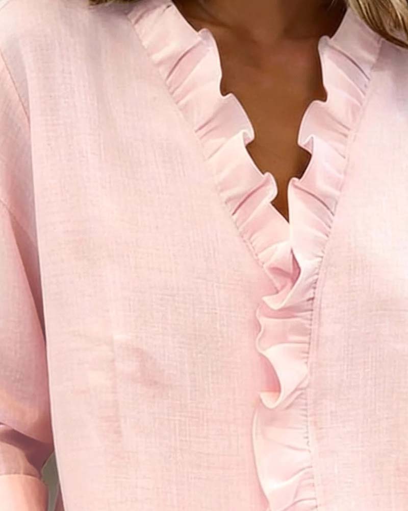 Soren | Womens Blouse Long Sleeve Ruffle V-Neck Relaxed Fit Soft Pink 3
