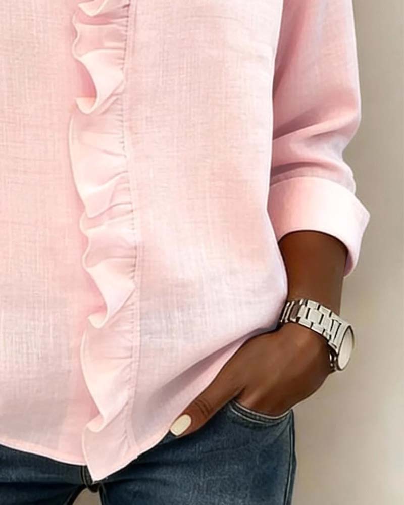 Soren | Womens Blouse Long Sleeve Ruffle V-Neck Relaxed Fit Soft Pink 4