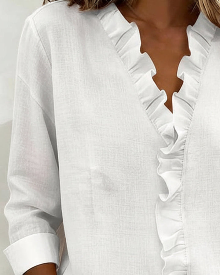 Soren | Womens Blouse Long Sleeve Ruffle V-Neck Relaxed Fit Soft Pink 6