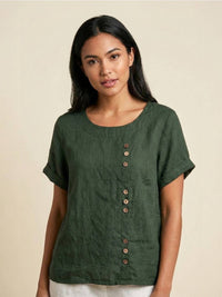 Olivia | Women's Linen Round Neck Button Blouse