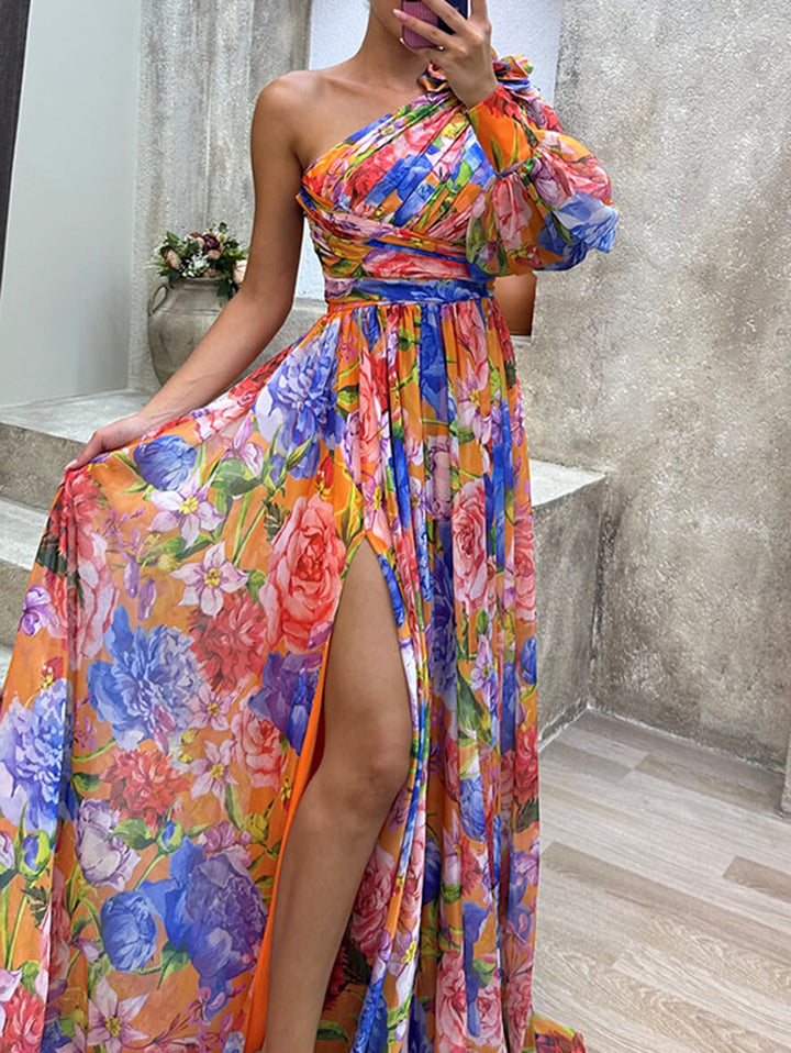 Theodora | Elegant Floral Print One Shoulder Maxi Dress 9