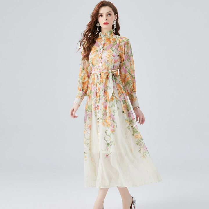 Adriana | Floral Sheer-Sleeve Tie-Waist Maxi Dress