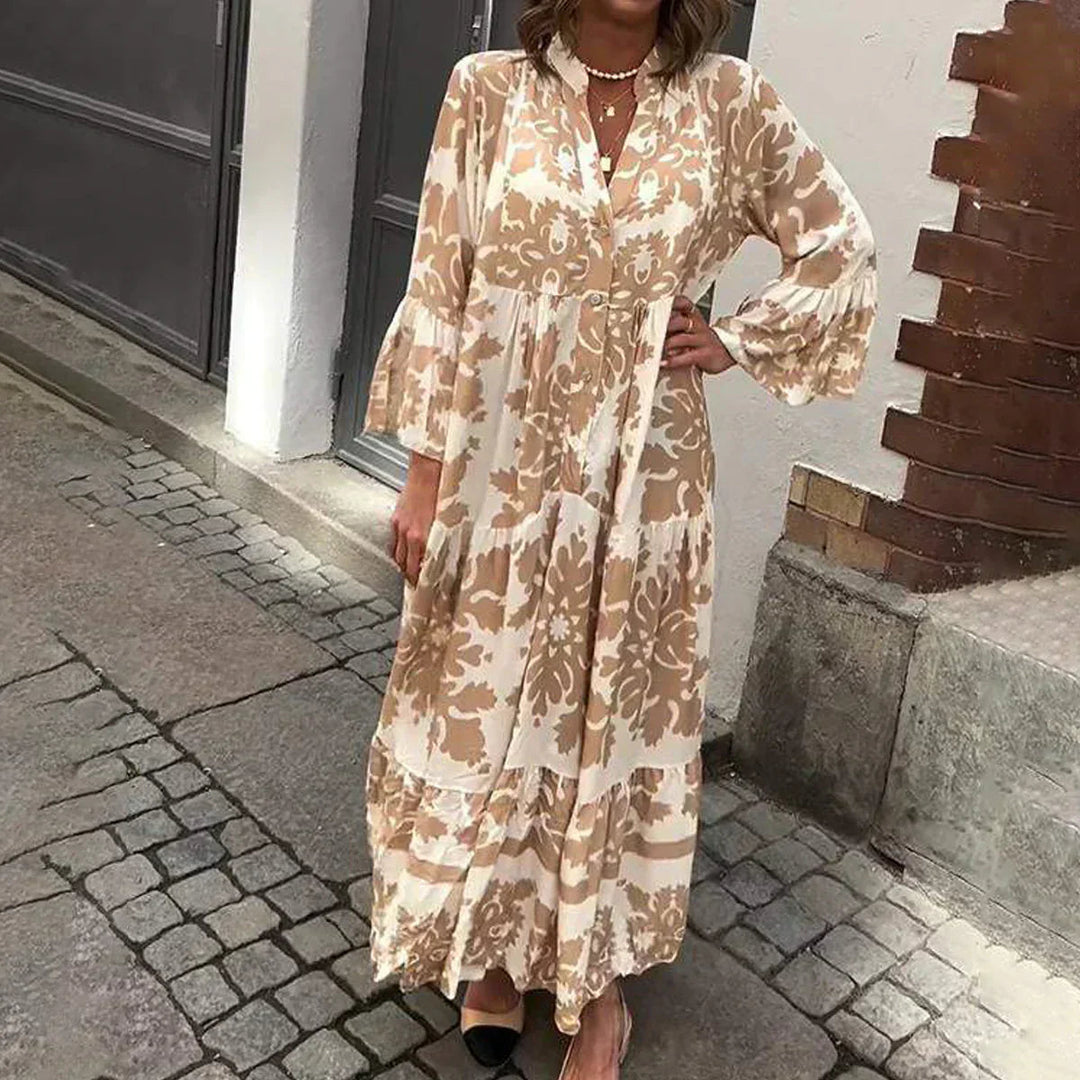 Valencia | Elegant Floral Print Long Sleeve Midi Dress 0