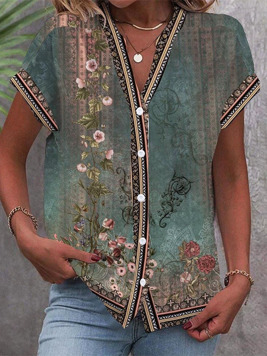 Victoria | Women's Boho Floral Print V-Neck Button-Front Short Sleeve Blouse 0
