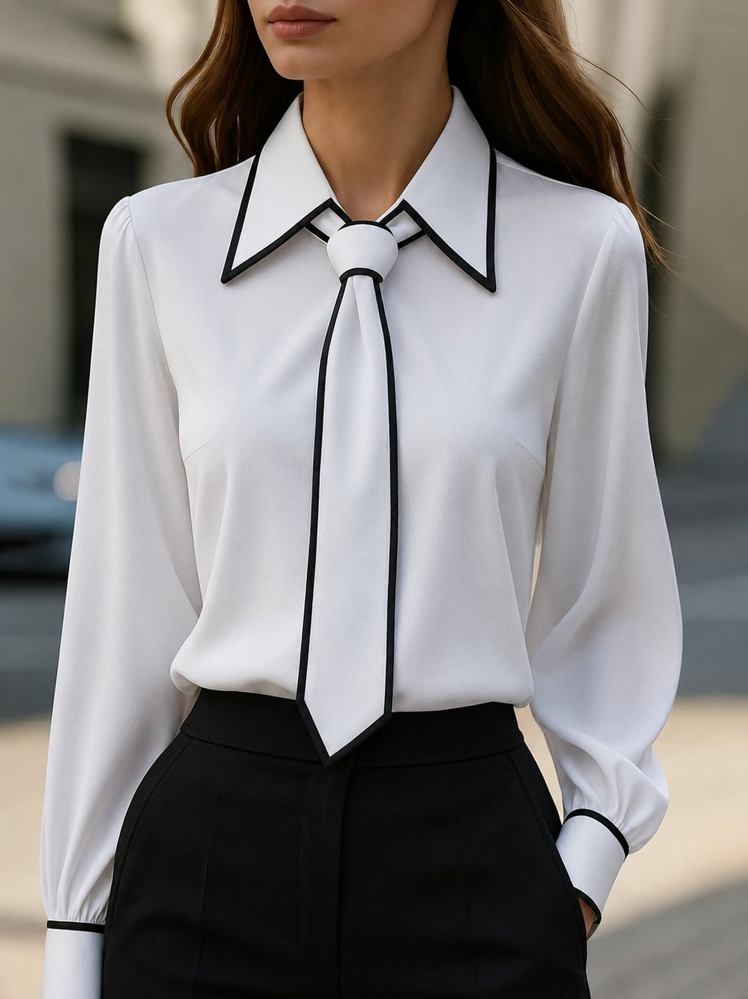Victoria | Women's Long Sleeve Contrast Trim Tie Neck Button-Down Blouse 0
