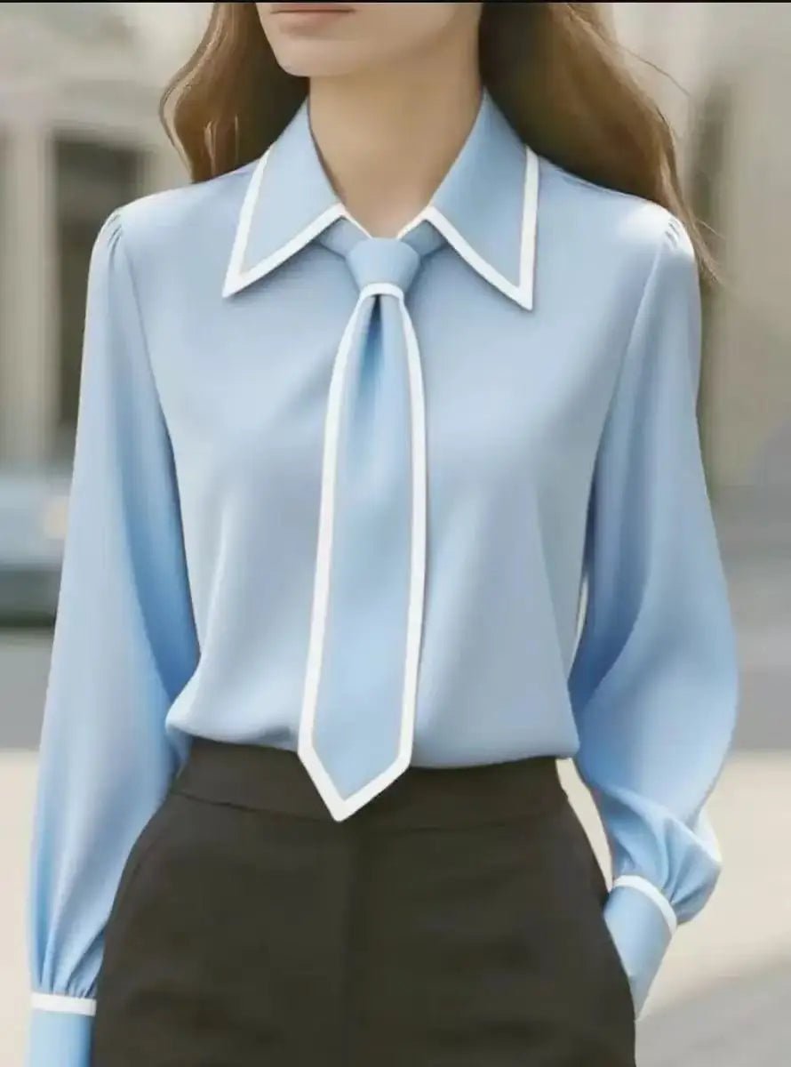 Victoria | Women's Long Sleeve Contrast Trim Tie Neck Button-Down Blouse 3