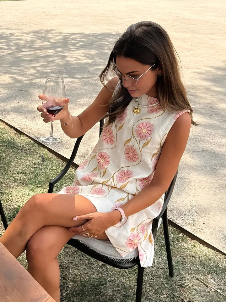 Victoria | Women's Sleeveless A-Line Floral Linen Blouse Dress 0