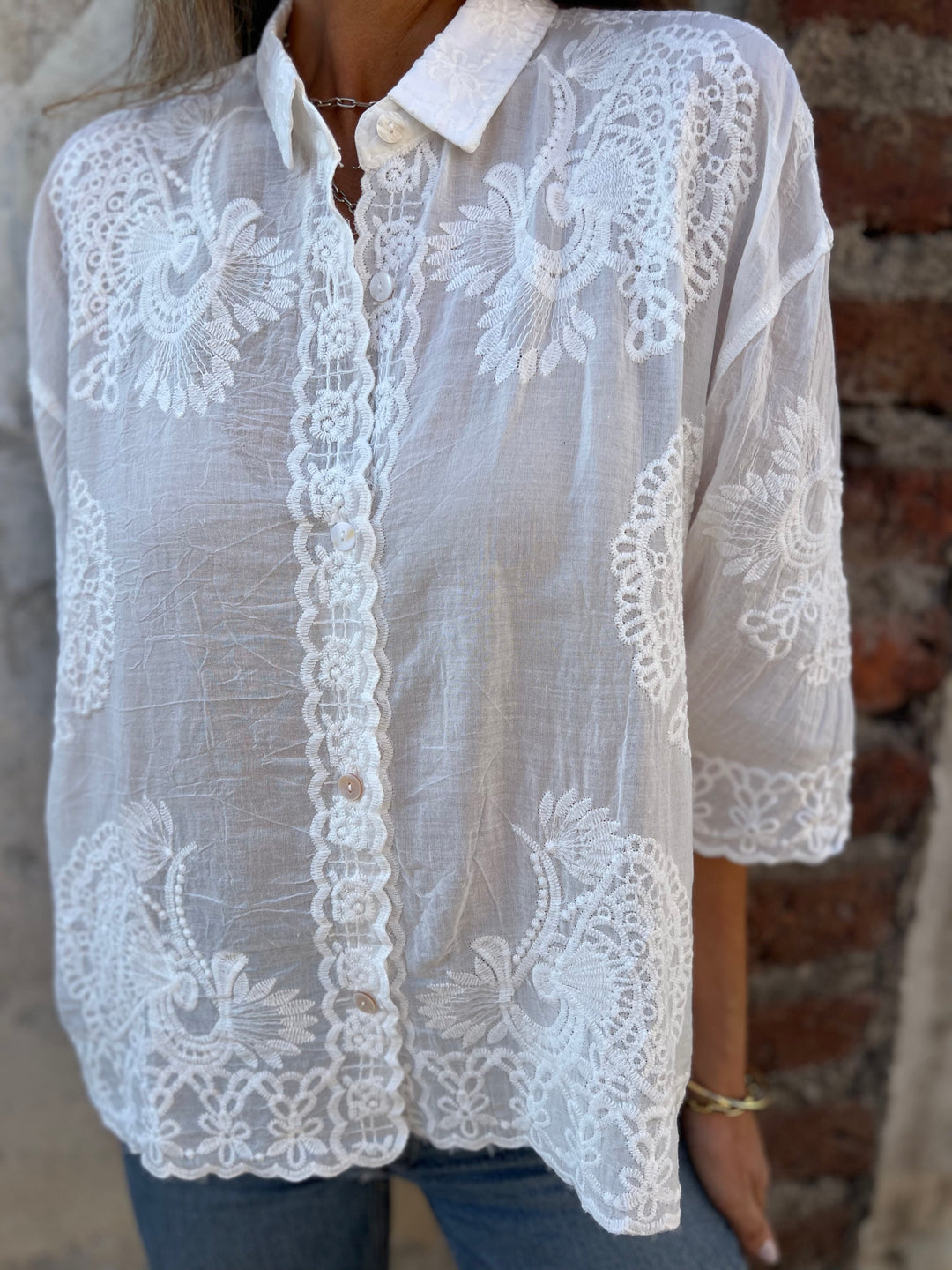Vivia | Elegant White Blouse with Embroidered Lace Panels for Women 2