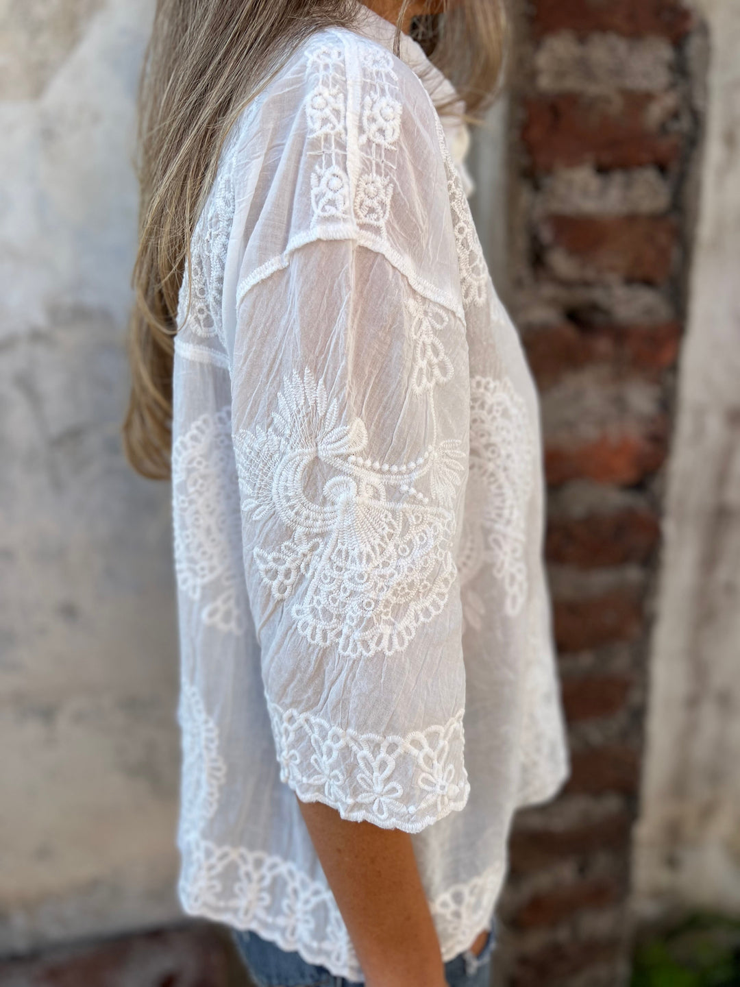 Vivia | Elegant White Blouse with Embroidered Lace Panels for Women 4