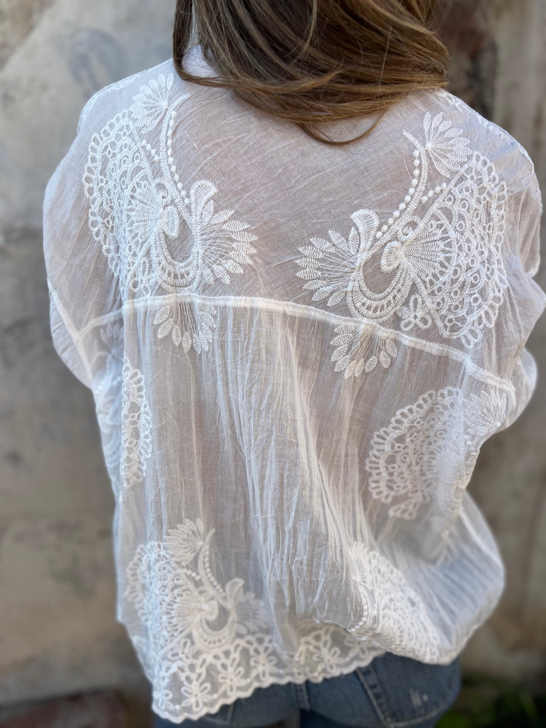 Vivia | Elegant White Blouse with Embroidered Lace Panels for Women 5