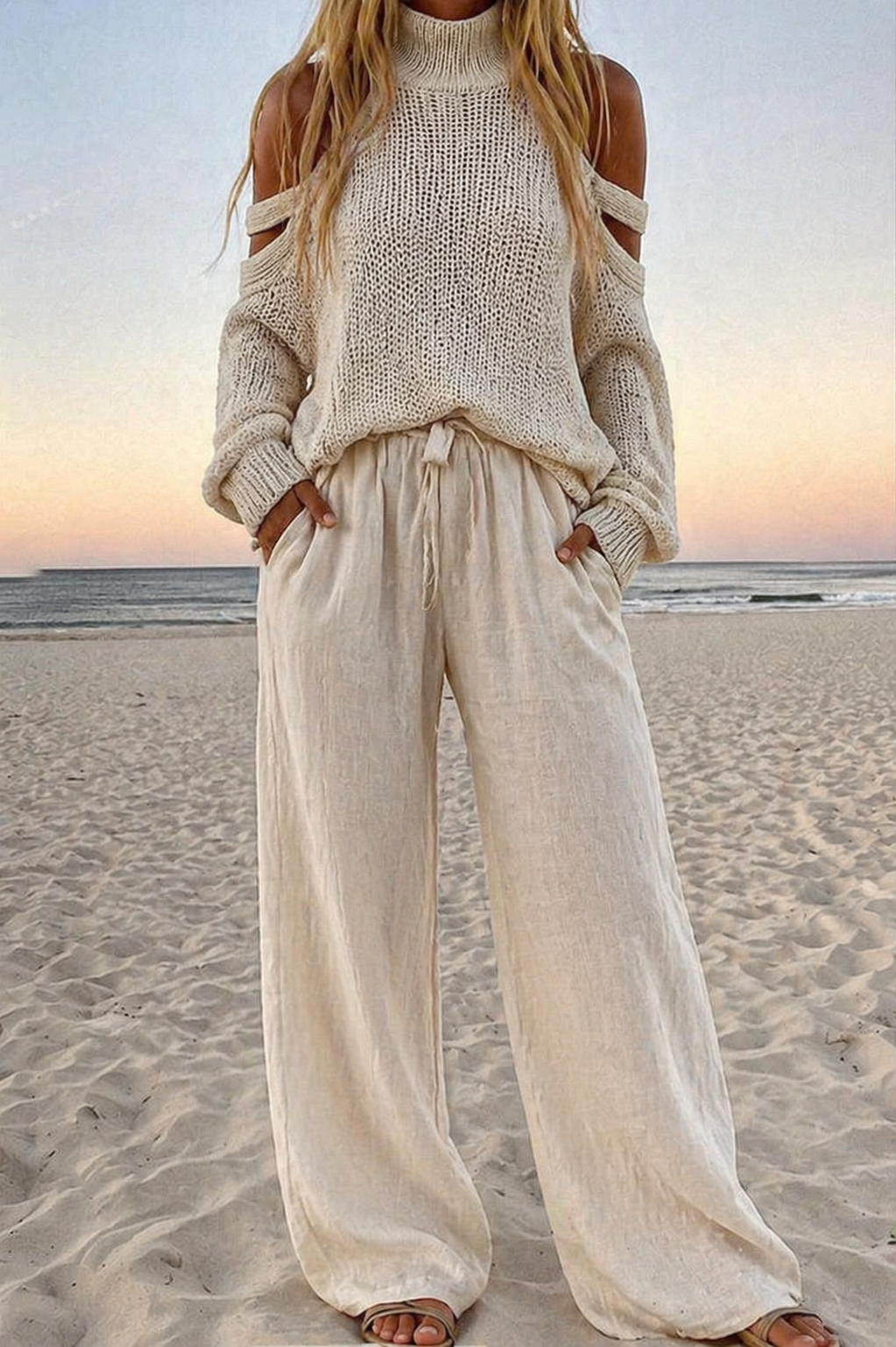 Zafira | Elegant Women's Set - Soft Knit Off-Shoulder Top & Wide-Leg Trouser Loungewear 0