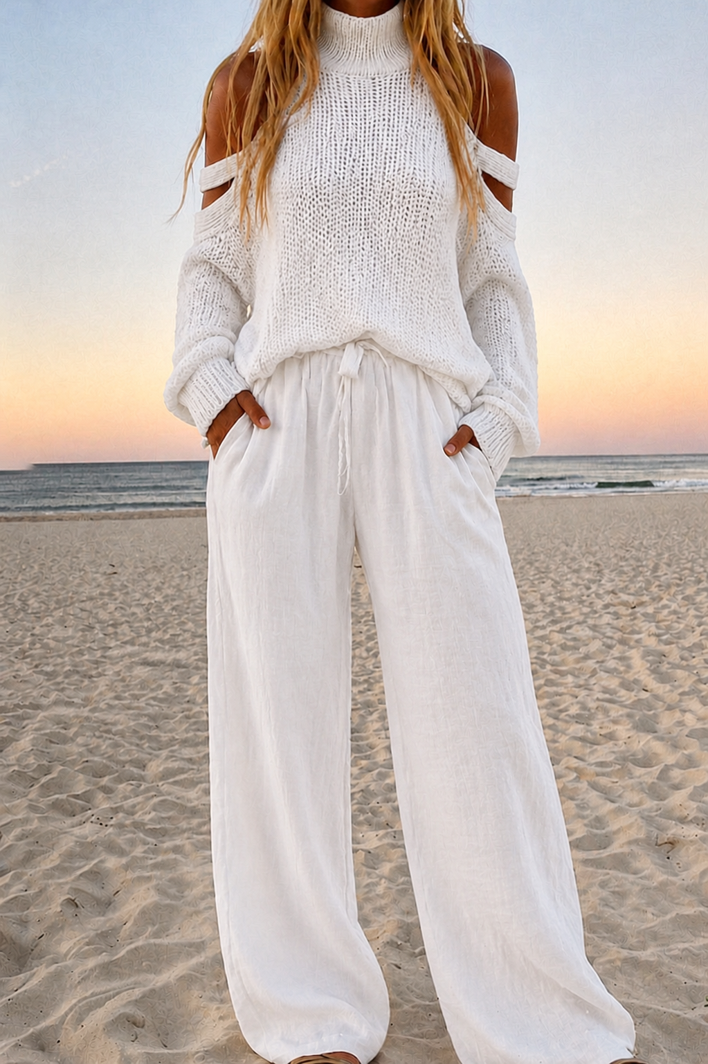 Zafira | Elegant Women's Set - Soft Knit Off-Shoulder Top & Wide-Leg Trouser Loungewear 2