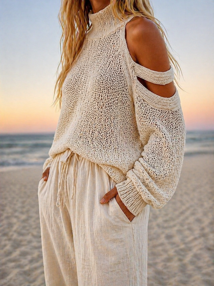 Zafira | Elegant Women's Set - Soft Knit Off-Shoulder Top & Wide-Leg Trouser Loungewear 5