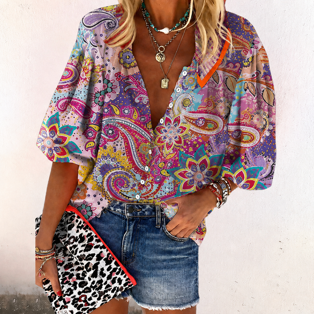 Zara | Boho Print Blouse V-Neck Casual Long Sleeve Relaxed Fit 1