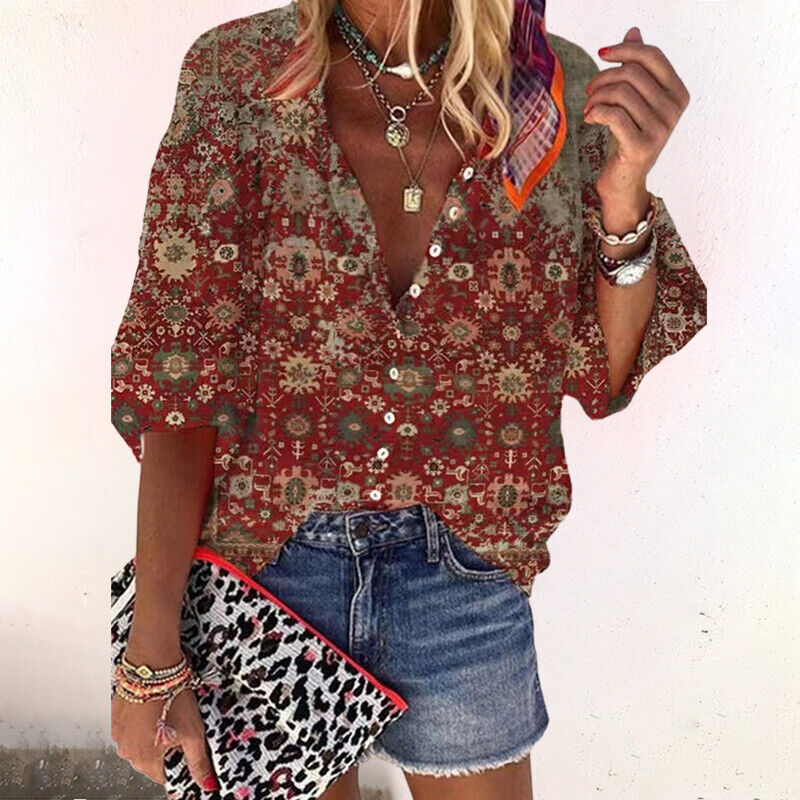 Zara | Boho Print Blouse V-Neck Casual Long Sleeve Relaxed Fit 3