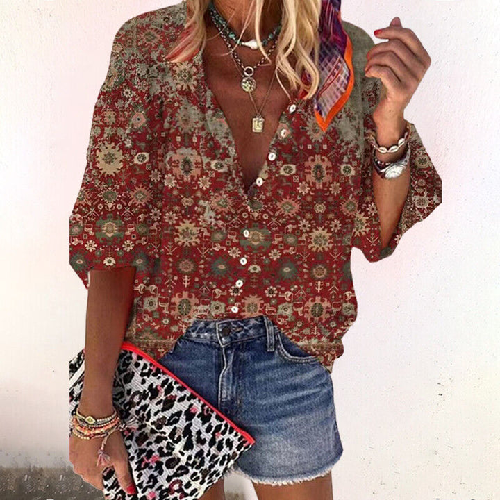 Zara | Boho Print Blouse V-Neck Casual Long Sleeve Relaxed Fit 3