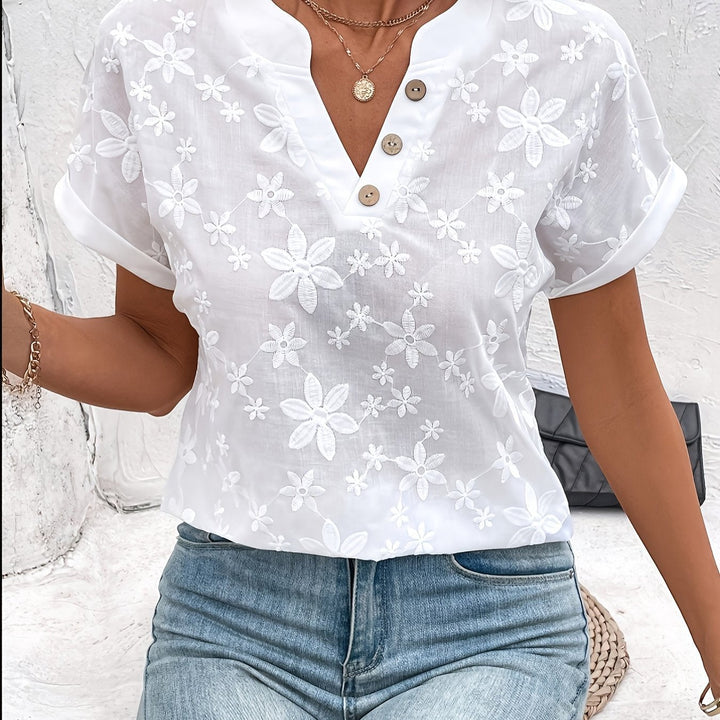 Whitney | Floral Embroidered V-Neck Blouse in White