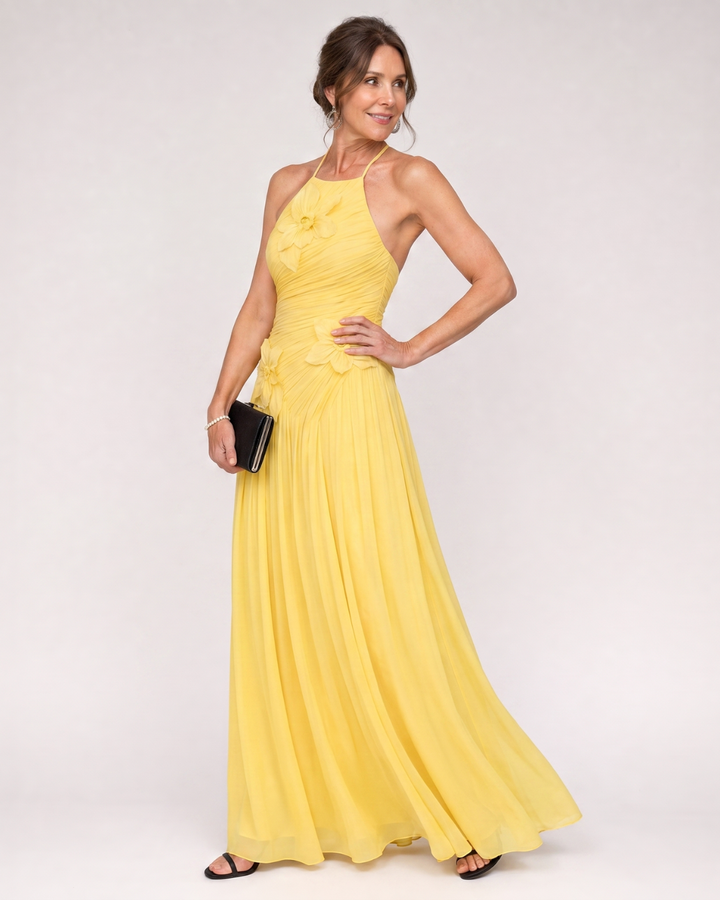Stephene | Pleated Halter Neck Maxi Dress with Floral Detail