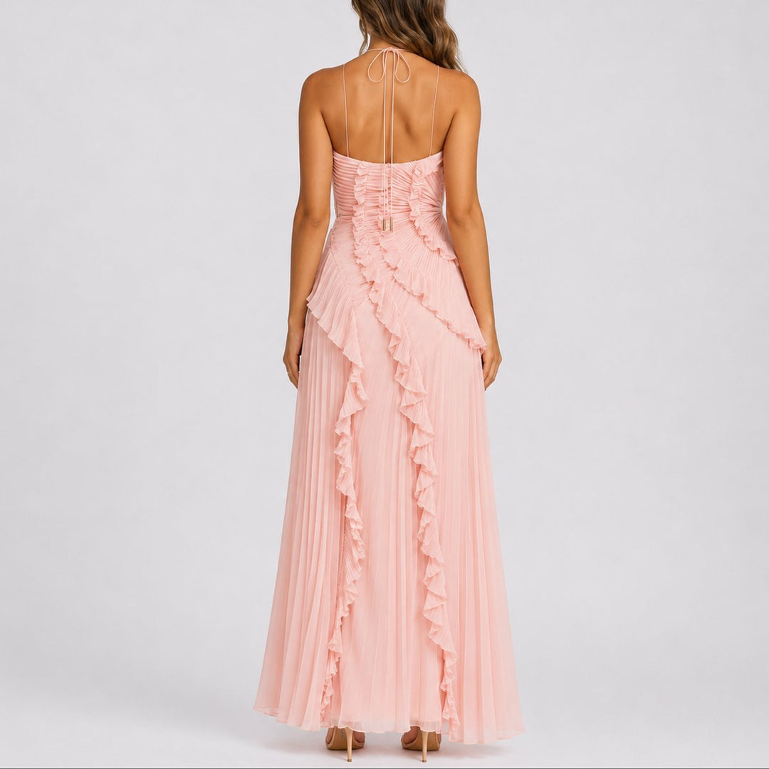 Luna | Stylish Fall Wedding Pleated Halter Maxi Dress