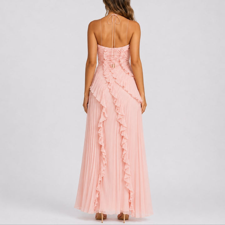 Luna | Stylish Fall Wedding Pleated Halter Maxi Dress