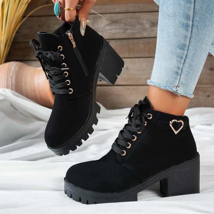 Leona | Charming Heart-Hardware Lace-Up Ankle Boots