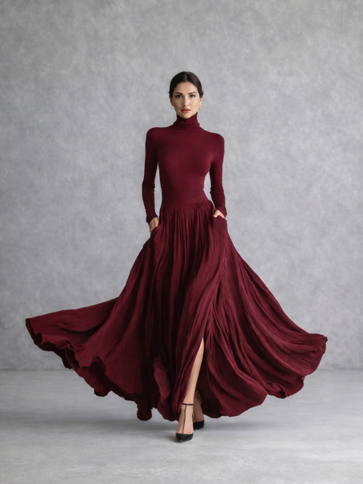 Isla | Pleated Maxi Dress – Elegant Turtleneck Style for Women