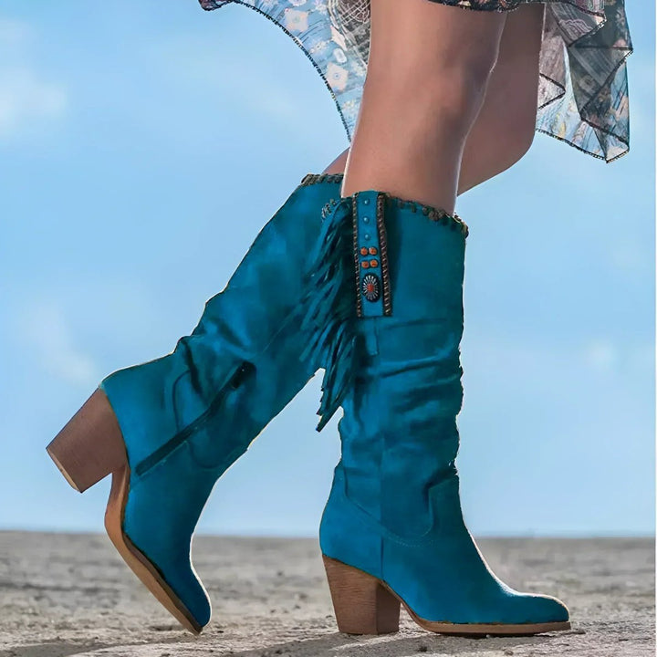 Martha | Kniehohe Fransenstiefel aus Veloursleder