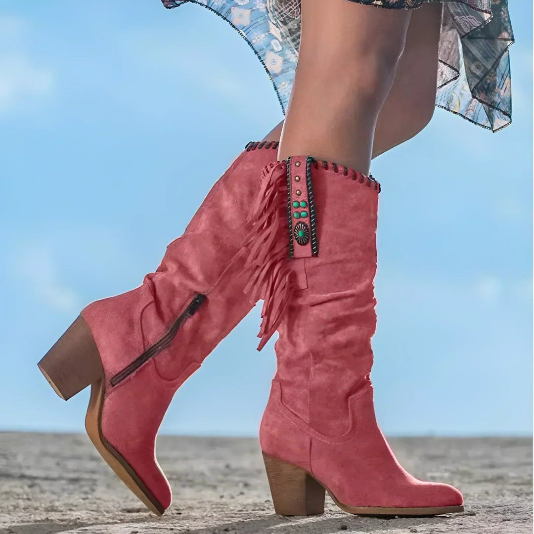 Martha | Kniehohe Fransenstiefel aus Veloursleder