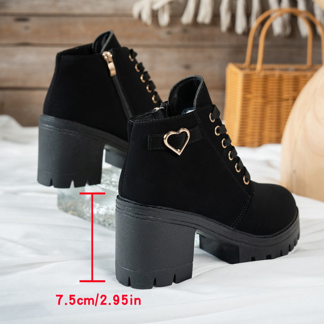 Leona | Charming Heart-Hardware Lace-Up Ankle Boots
