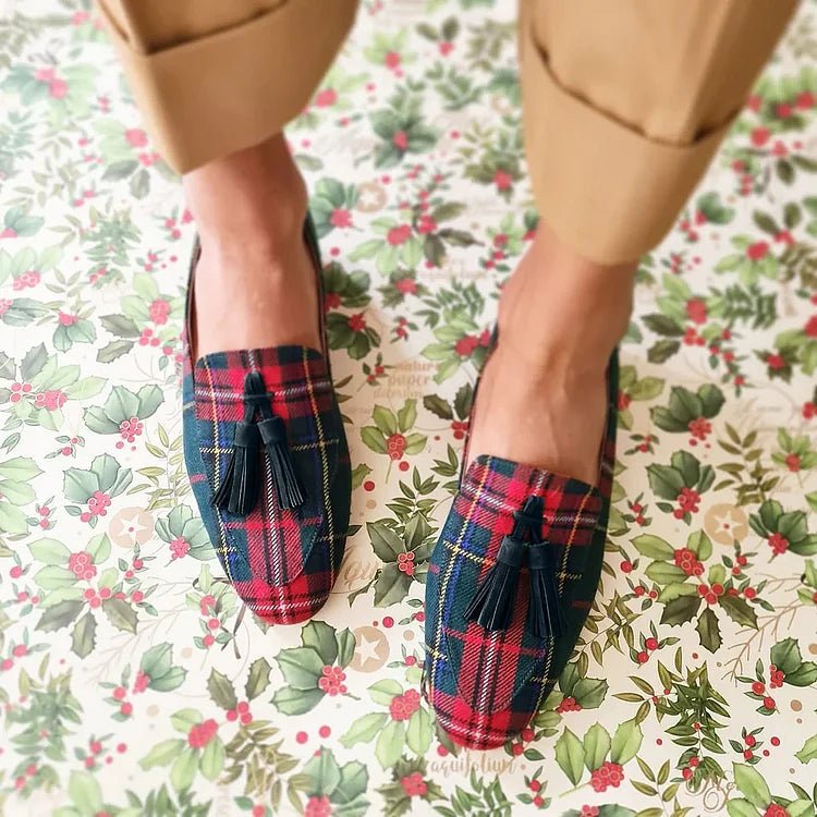 Addison | Tartan Loafers with Black Fringe for Women