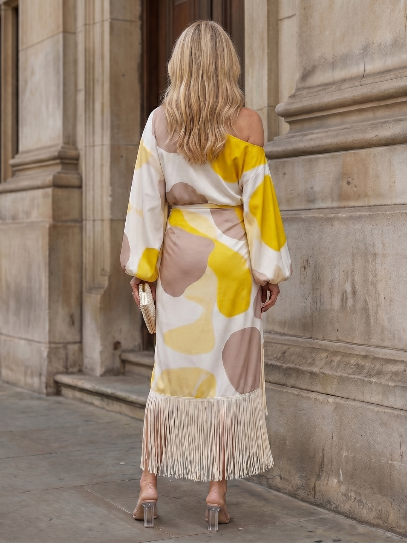 Koda | Midi Dress – Abstract Print with Fringe Hem