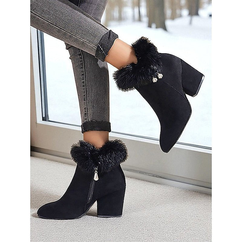 Claire | Block Heel Ankle Boots – Cozy Fur-Trimmed Style