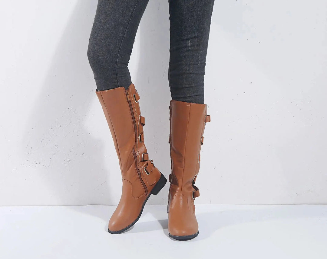 Adriana | Trendy Back Buckle Equestrian Knee High Boots