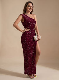 Anastasia | Glamouröses One-Shoulder-Maxikleid mit Pailletten und hohem Beinschlitz für Partys