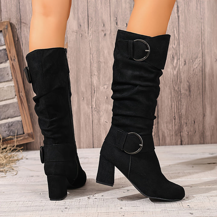 Camilla | Elegante lässige kniehohe Stiefel mit Blockabsatz und doppelter Schnalle