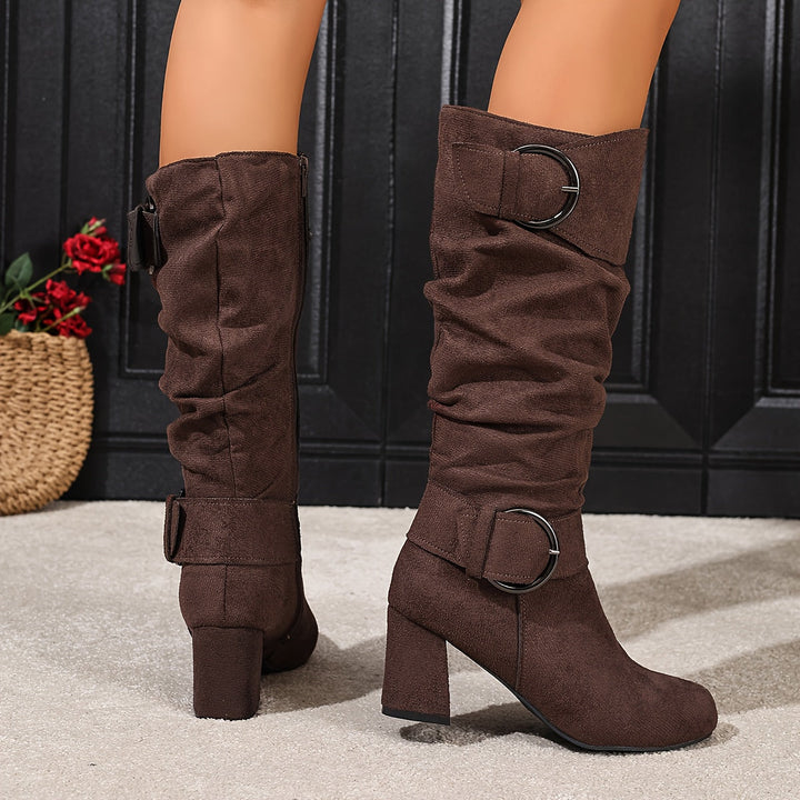 Camilla | Elegante lässige kniehohe Stiefel mit Blockabsatz und doppelter Schnalle
