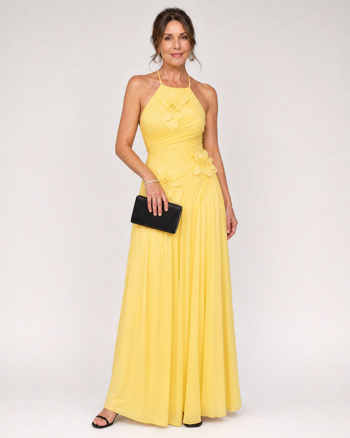 Stephene | Pleated Halter Neck Maxi Dress with Floral Detail