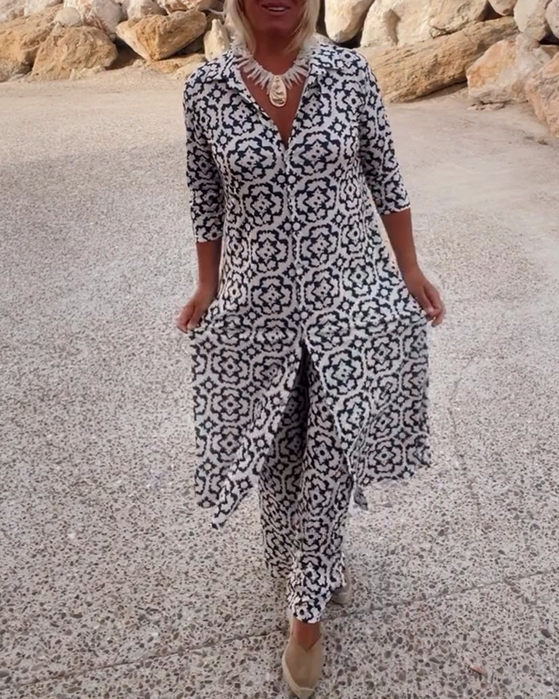 Olivia | Printed V-Neck Tunic Top And Wide Leg Trousers Set