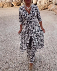 Olivia | Printed V-Neck Tunic Top And Wide Leg Trousers Set