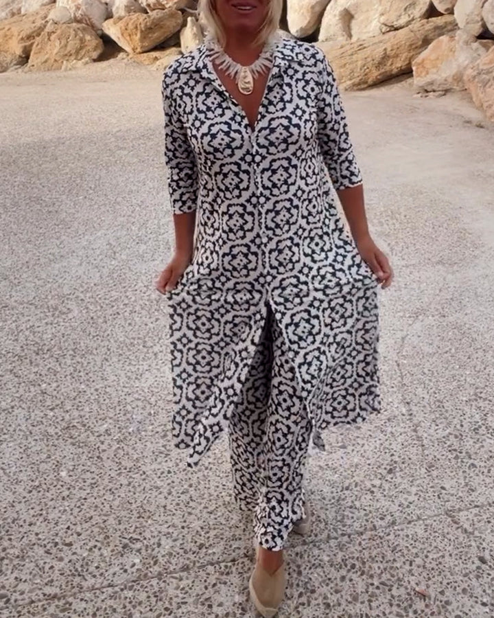 Olivia | Printed V-Neck Tunic Top And Wide Leg Trousers Set