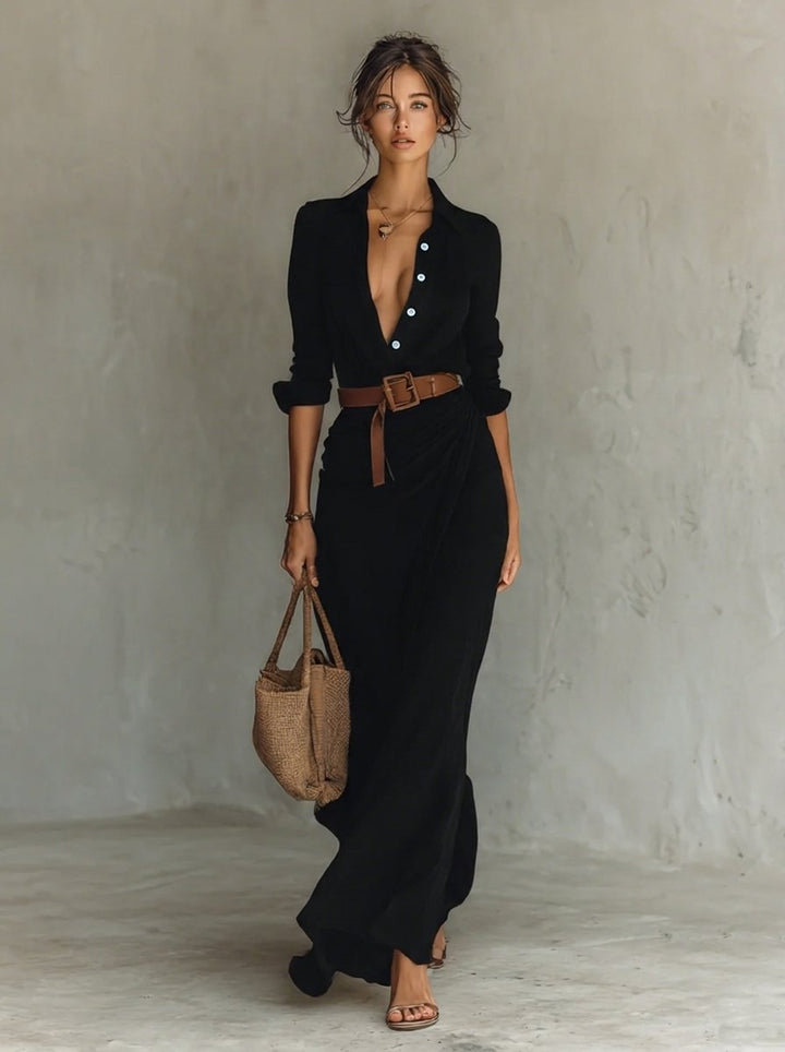 Erin | Elegantes langärmeliges Maxikleid im Hemdblusenstil mit Gürtel