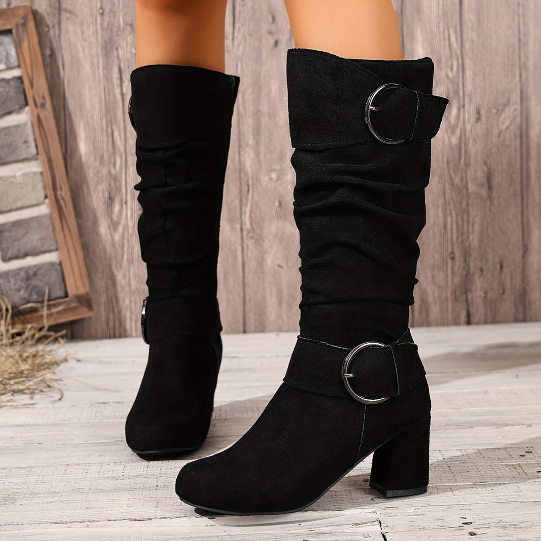 Camilla | Elegante lässige kniehohe Stiefel mit Blockabsatz und doppelter Schnalle