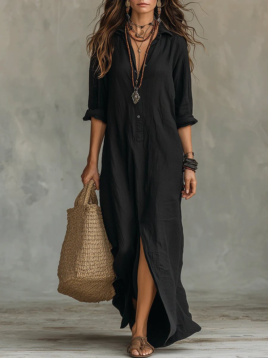 Lola | Casual Button-Front Long-Sleeved Maxi Shirt Dress