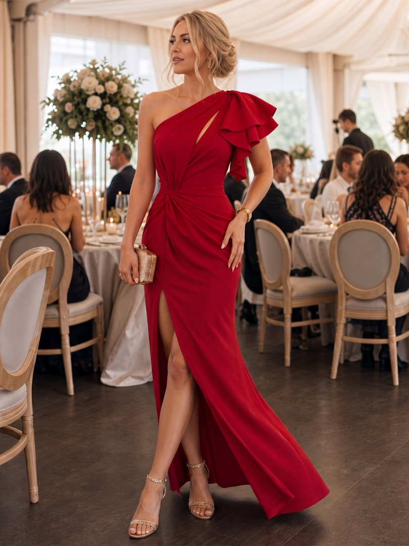 Aurette | Midi Dress – One Shoulder Draped Bodice with Side Slit
