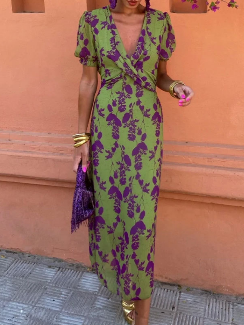 Clara | Midi Dress – Short Sleeve Floral V Neck Style