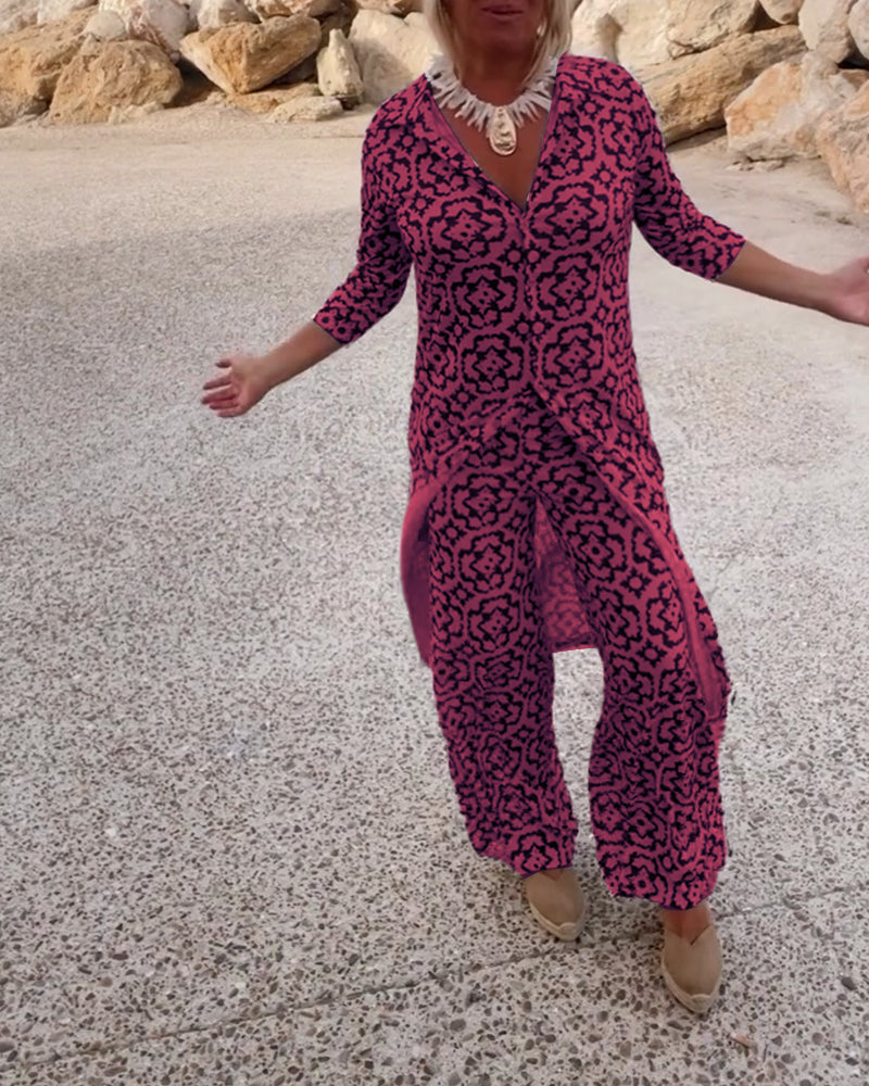 Olivia | Printed V-Neck Tunic Top And Wide Leg Trousers Set