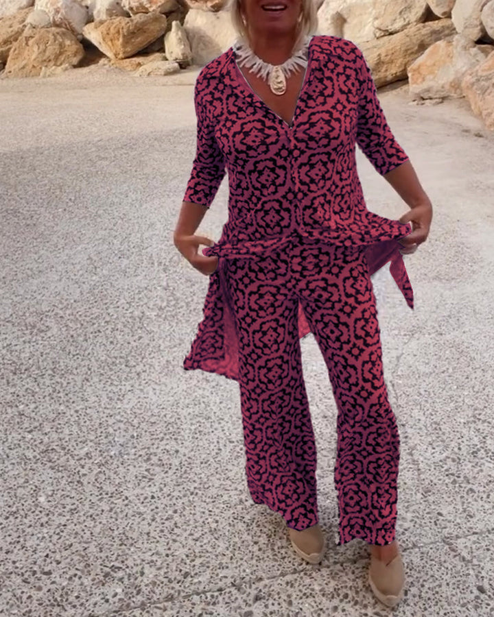 Olivia | Printed V-Neck Tunic Top And Wide Leg Trousers Set